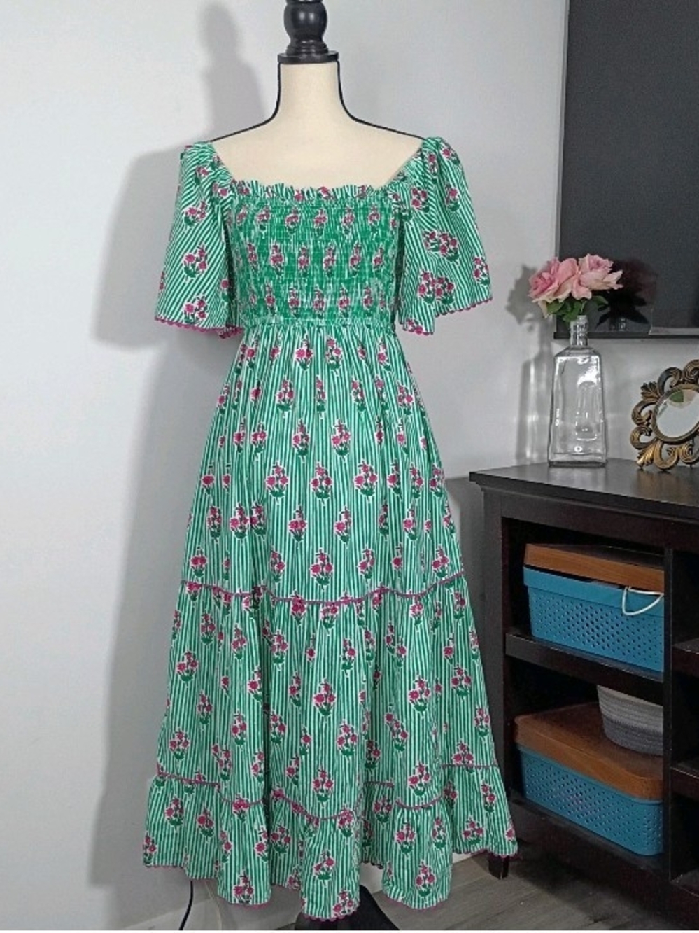 Pink City Prints Smocked Pink & Green Striped Floral Maxi Dress, XS